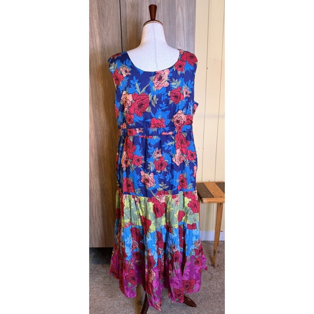 459. Boho Retro Woman Within Floral Tiered Cotton Maxi Dress 22W Sleeveless - Picture 3 of 6